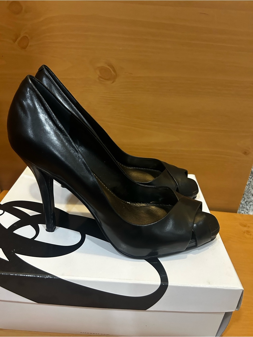 Nine West Black Leather Peep-Toe Pumps